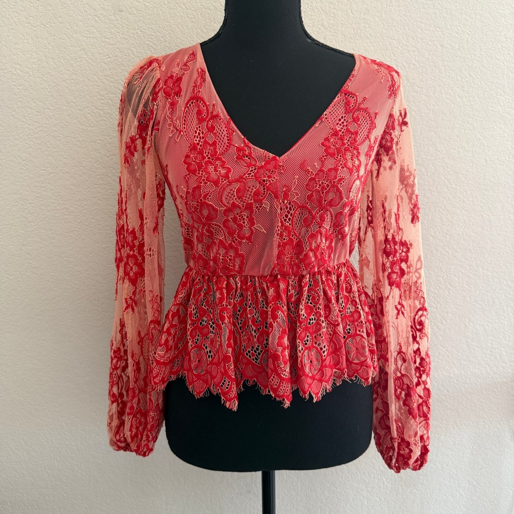 Top Shop Sheer Lace Babydoll Top Womens 4 Red Coquette Fairy Romantic Boho